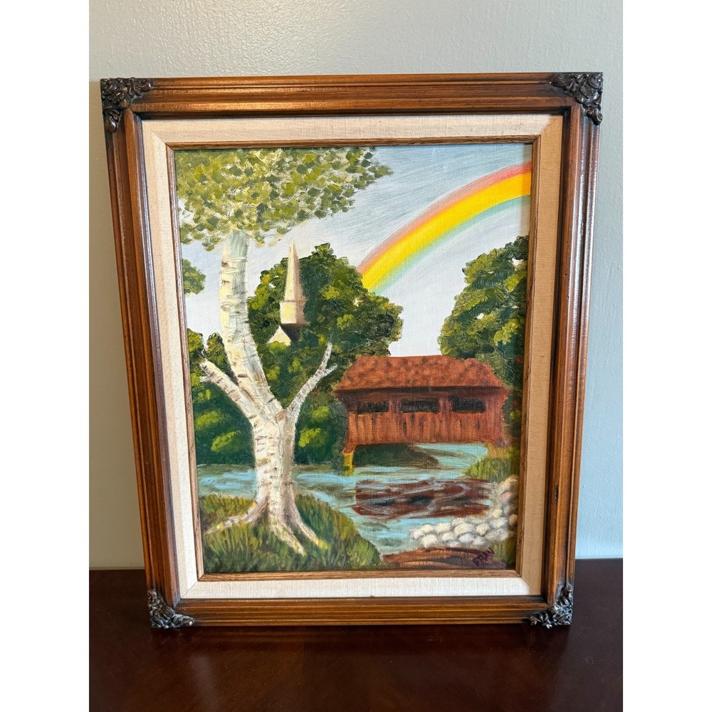 Vintage Hand Painted Landscape Covered Bridge Rainbow Framed Canvas Wall Art Rus